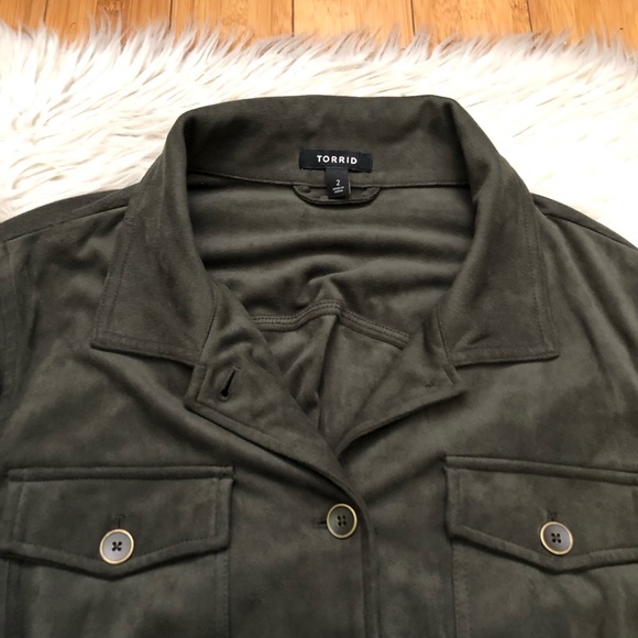 Torrid Fleece Velvet Utility Drawstring Lightweight Olive Green Shacket Jacket 2 - Picture 3 of 12